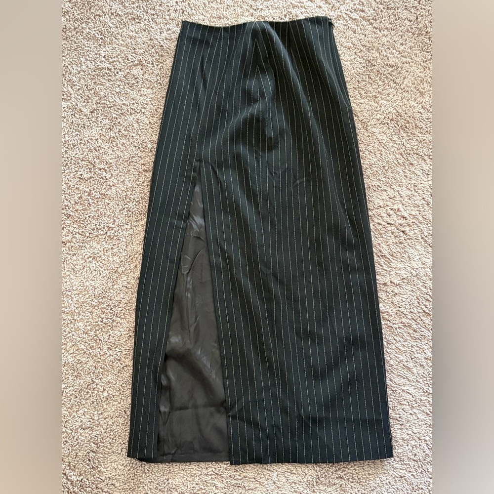 bebe Black Pinstripe Pencil Skirt with Side Slit Panel